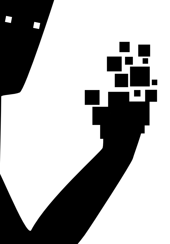 shape #69: an abstact person looking at a hand made of pixels