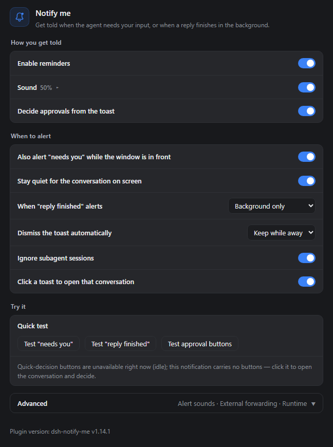 The Notify me settings page: header, how you get told, when to alert, try it, and the collapsed Advanced block