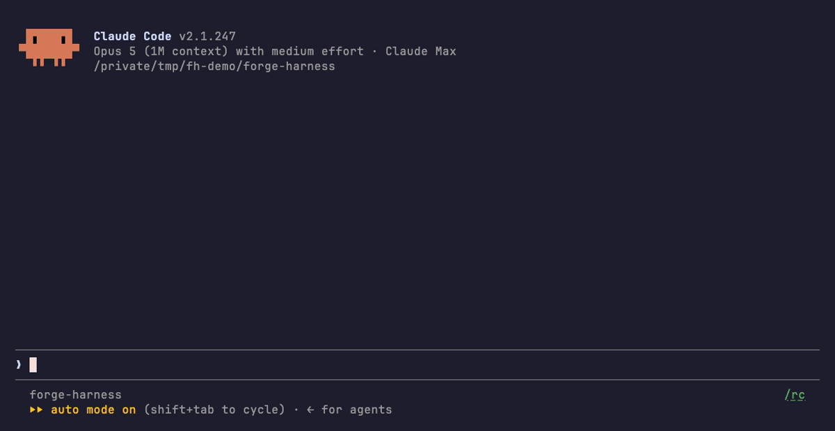 typing hi in a fresh forge-harness clone; FH reads the checkout, opens the new-user menu, and warns that the install wizard has not run yet