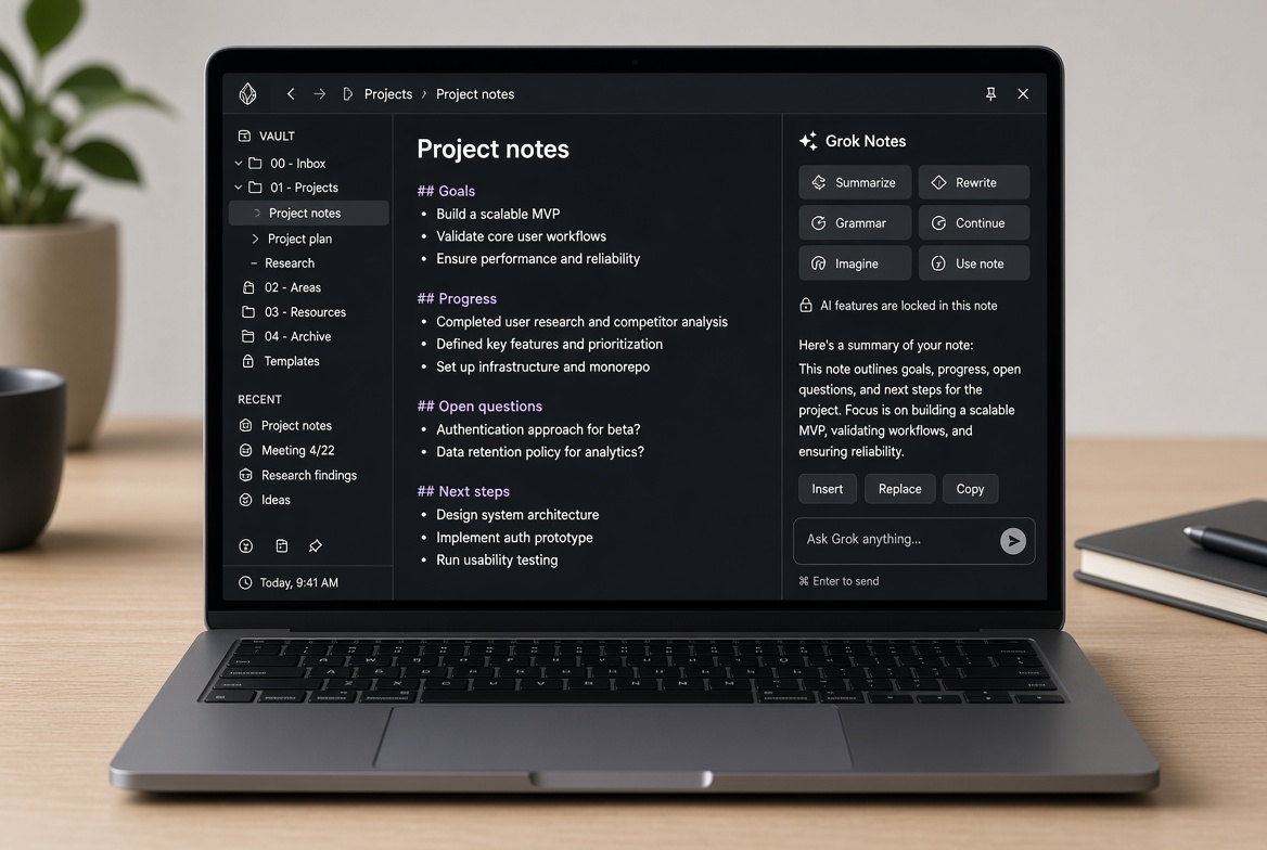 Grok Notes sidebar on laptop