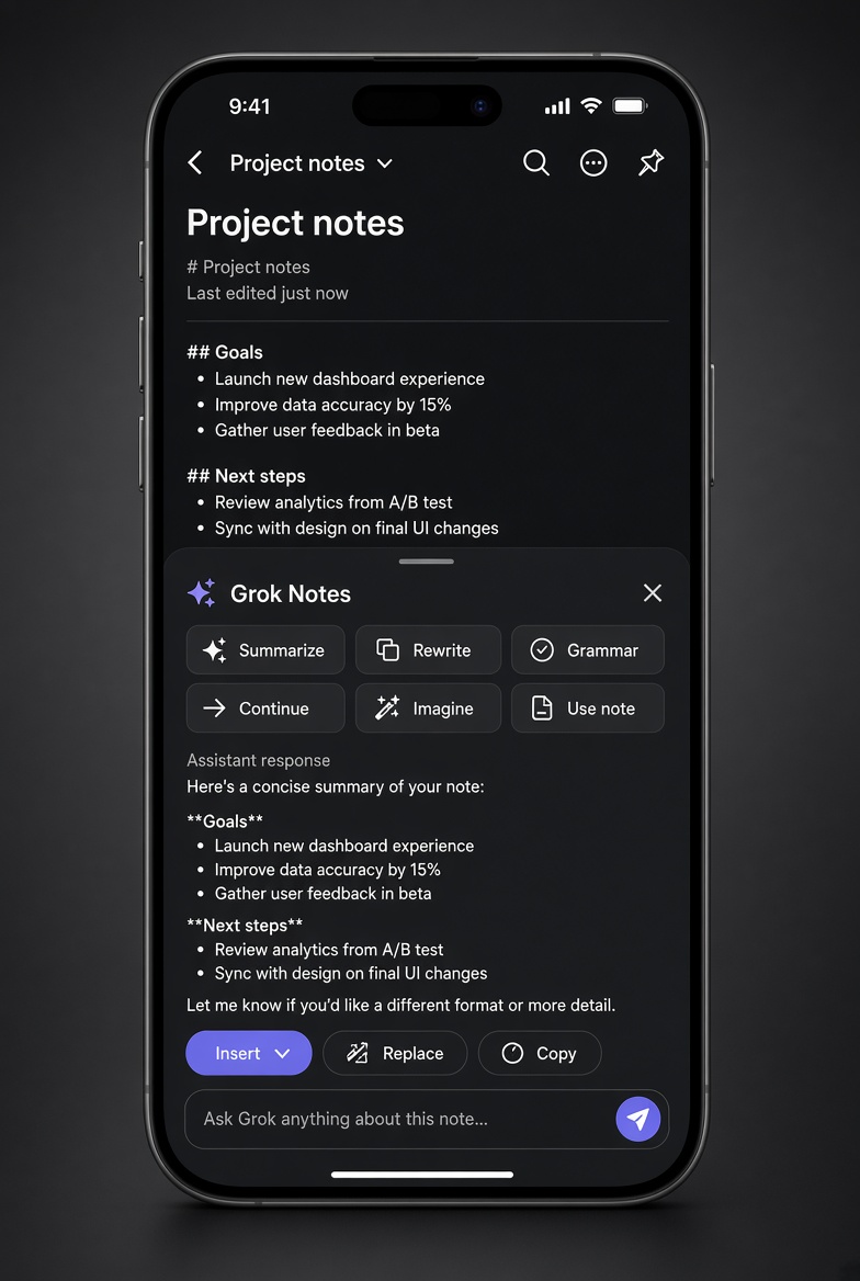Grok Notes sheet on phone