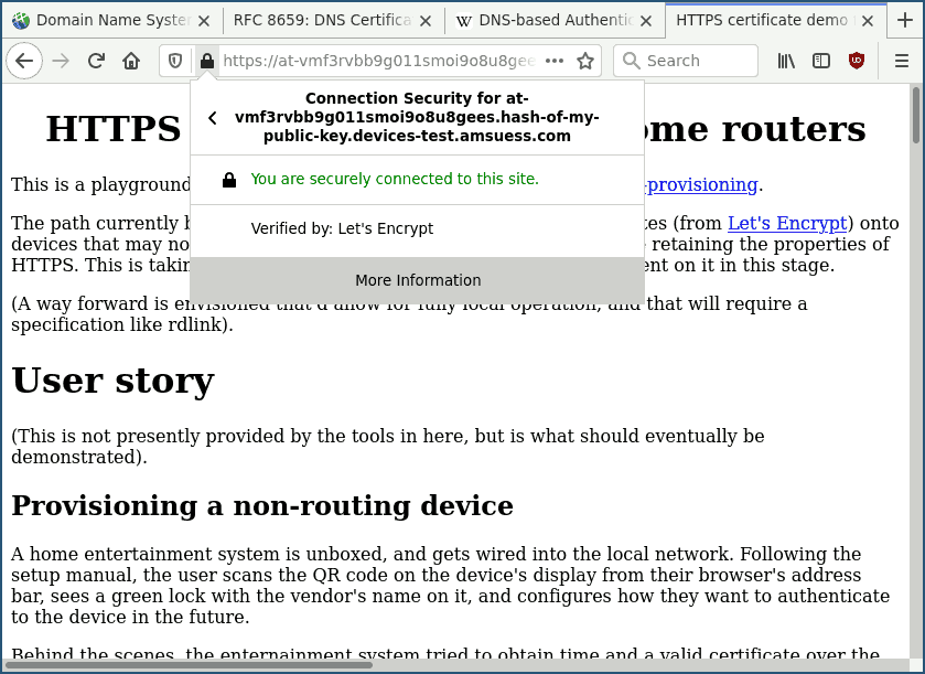 Screenshot of an unmodified Firefox browser at <https://at-vmf3rvbb9g011smoi9o8u8gees.hash-of-my-public-key.devices-test.amsuess.com:8001/>, showing a "You are securely connected to this site" / "Verified by: Let's Encryt".