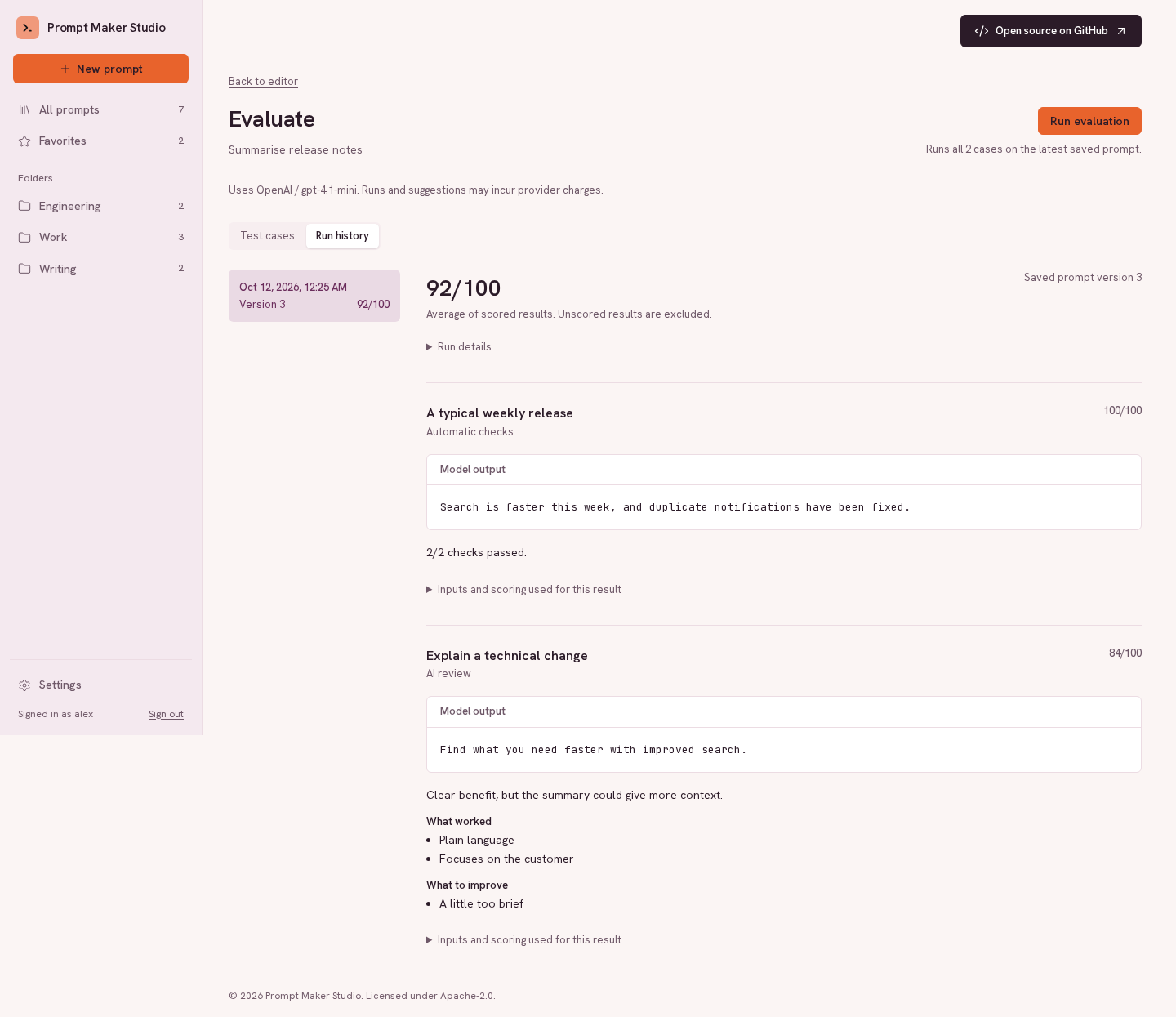 Evaluation history showing per-case model outputs, scores and review feedback