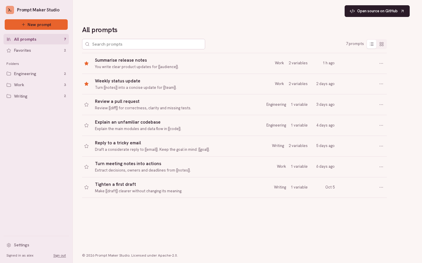 Prompt library with search, favourites, folders and reusable variables