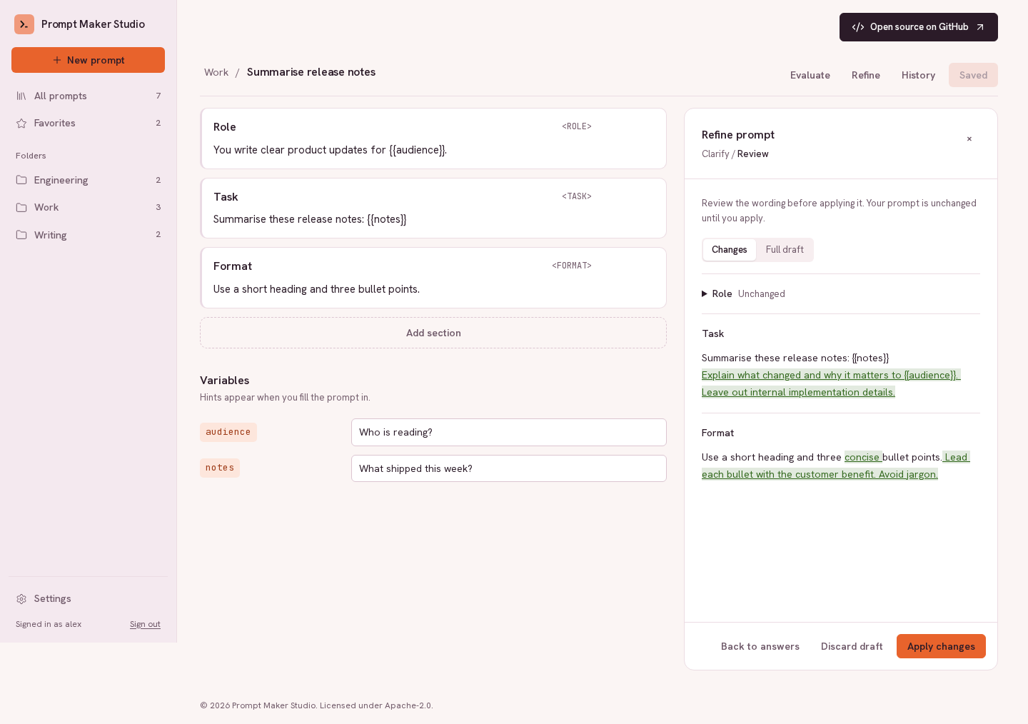 Refinement panel showing section changes beside the original prompt