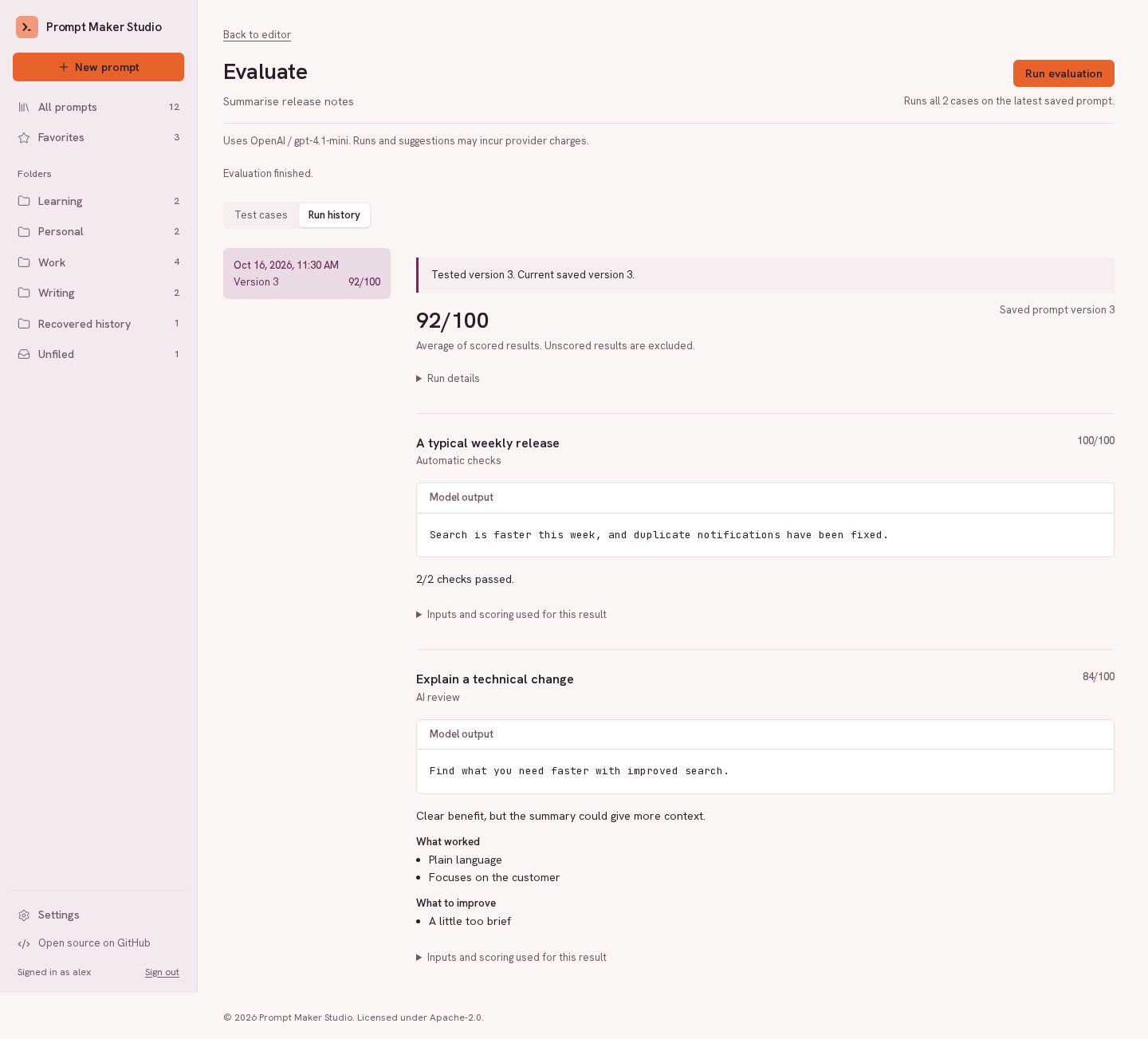 Evaluation history showing per-case model outputs, scores and review feedback