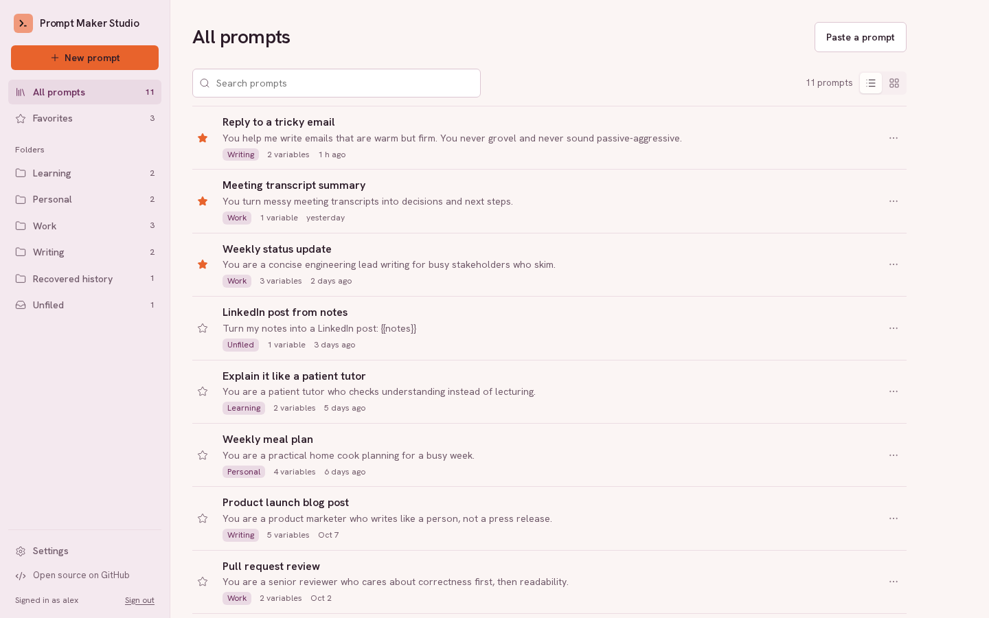 Prompt library with search, favourites, folders and reusable variables