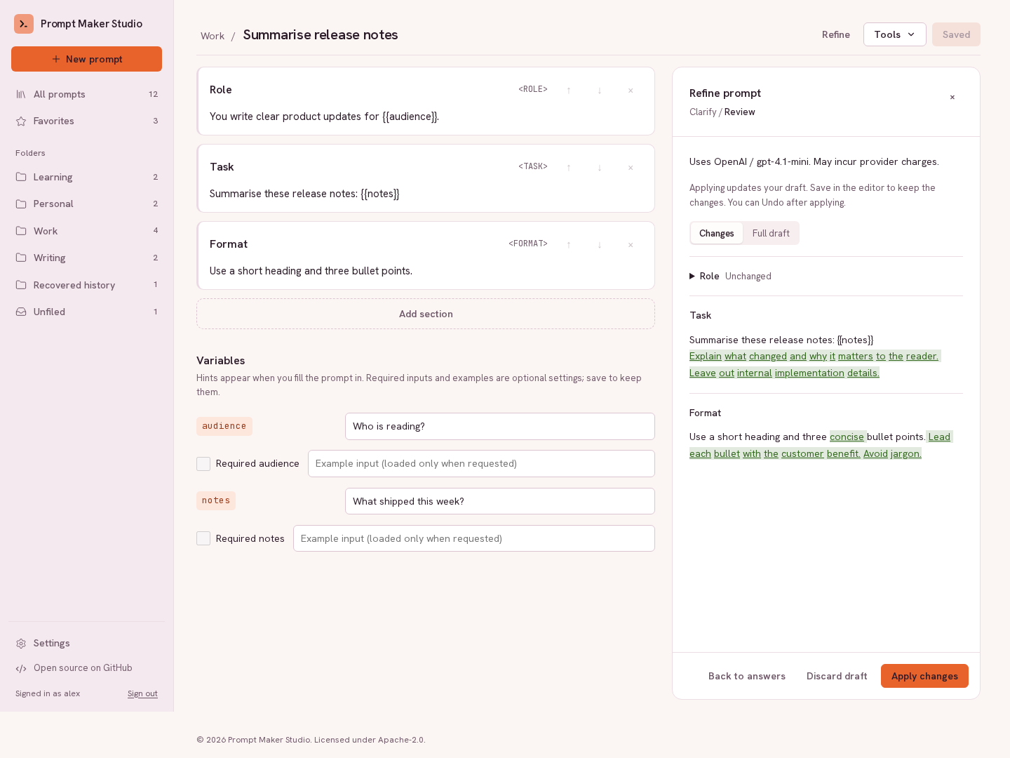 Refinement panel showing section changes beside the original prompt