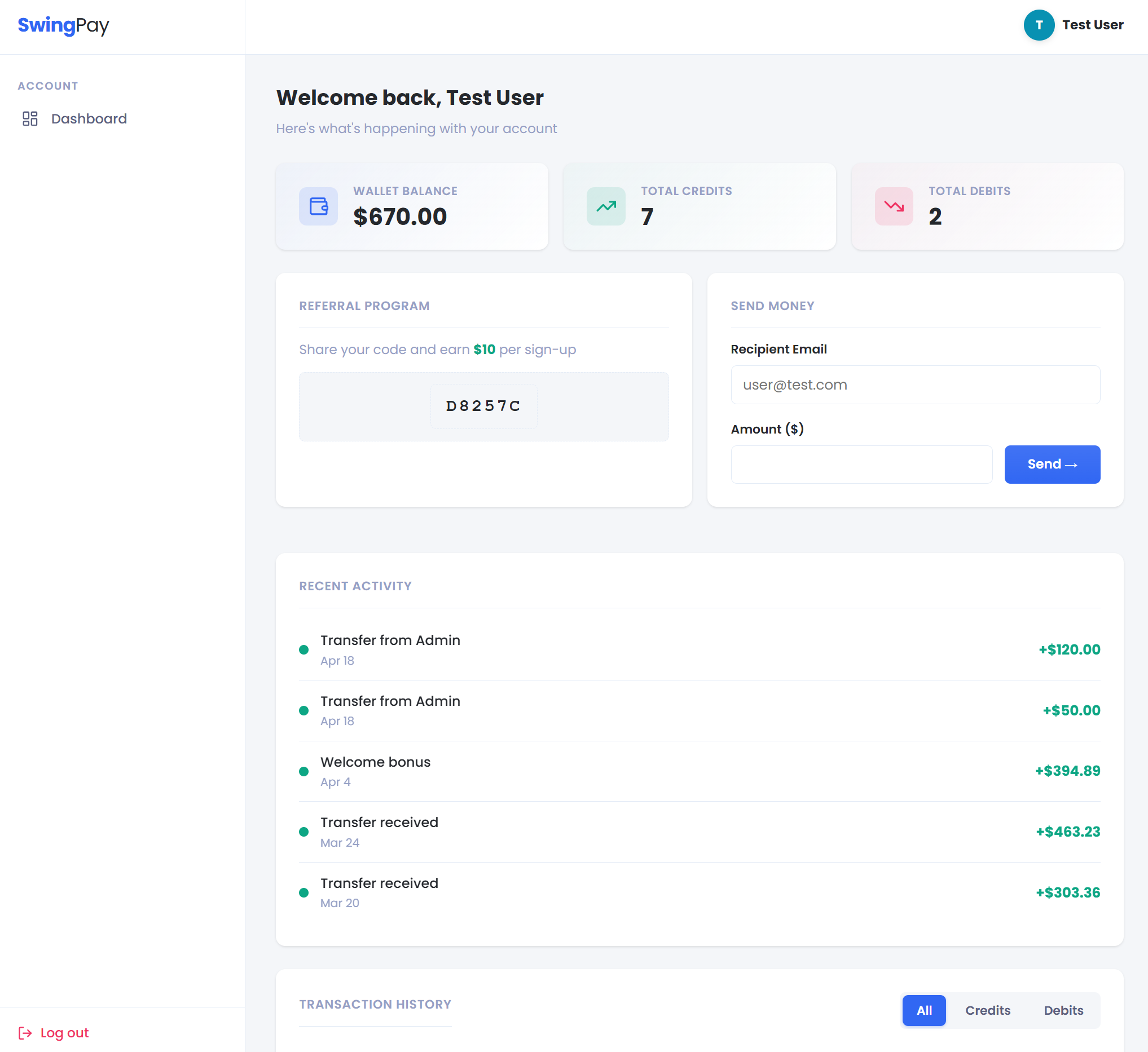 SwingPay main dashboard