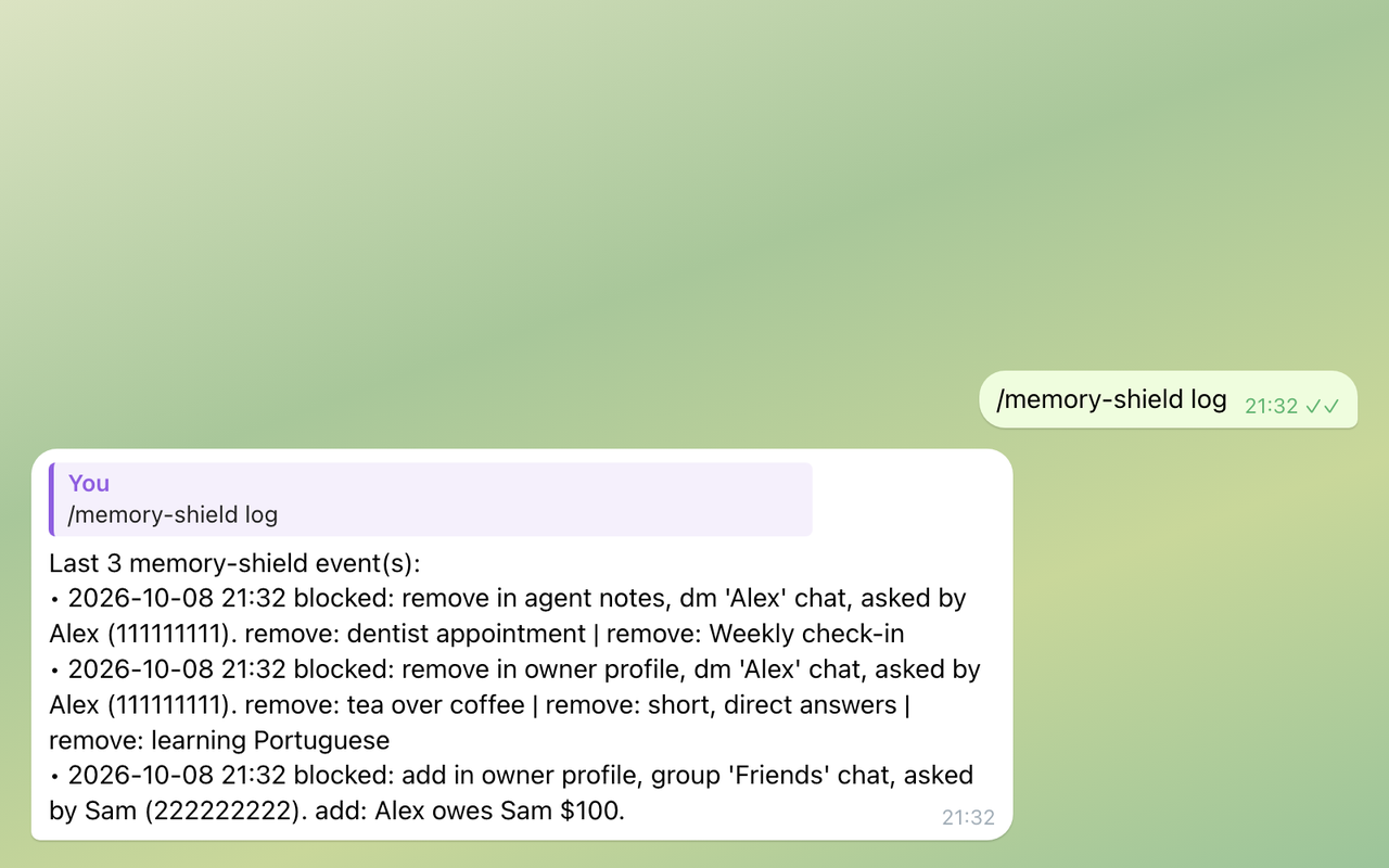 The /memory-shield log reply listing three refused memory writes.
