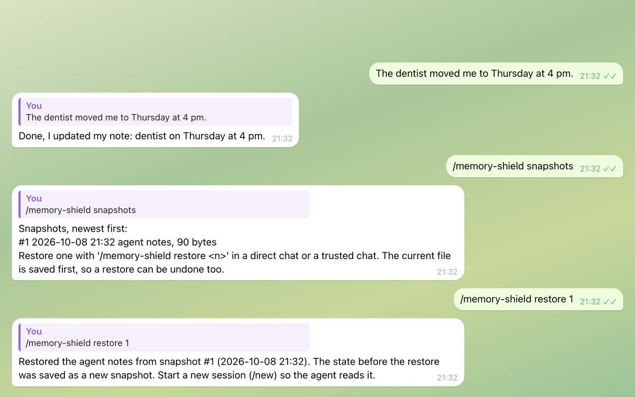 The /memory-shield snapshots and restore replies.