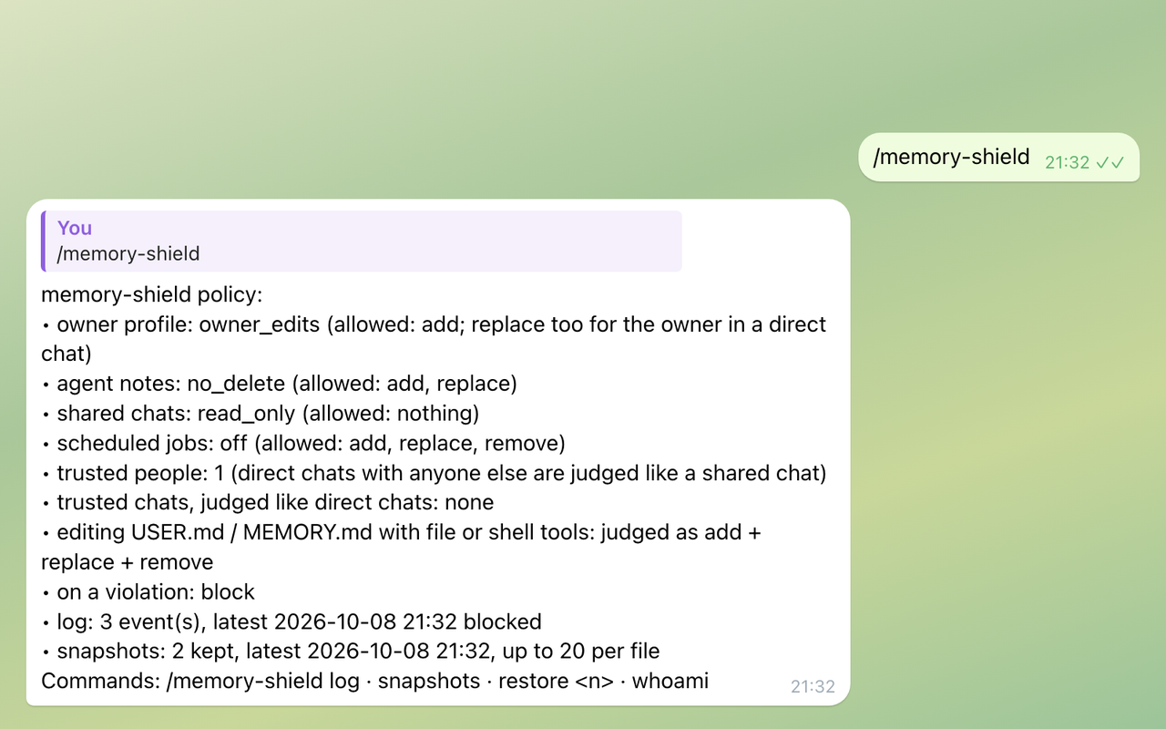 The /memory-shield reply with the active policy.