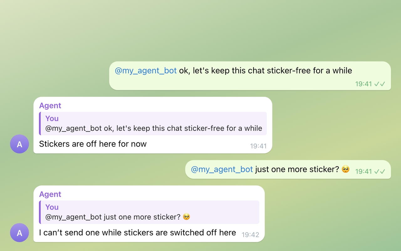 Someone asks to keep the chat sticker-free. The agent says stickers are off there and turns down "just one more sticker?".