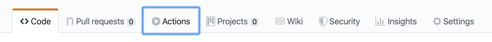 Screenshot of a repository's navigation tabs, with “Actions” highlighted