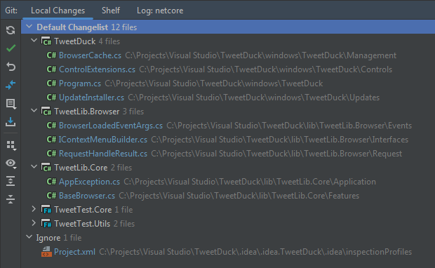 IDE screenshot (changes grouped by project)