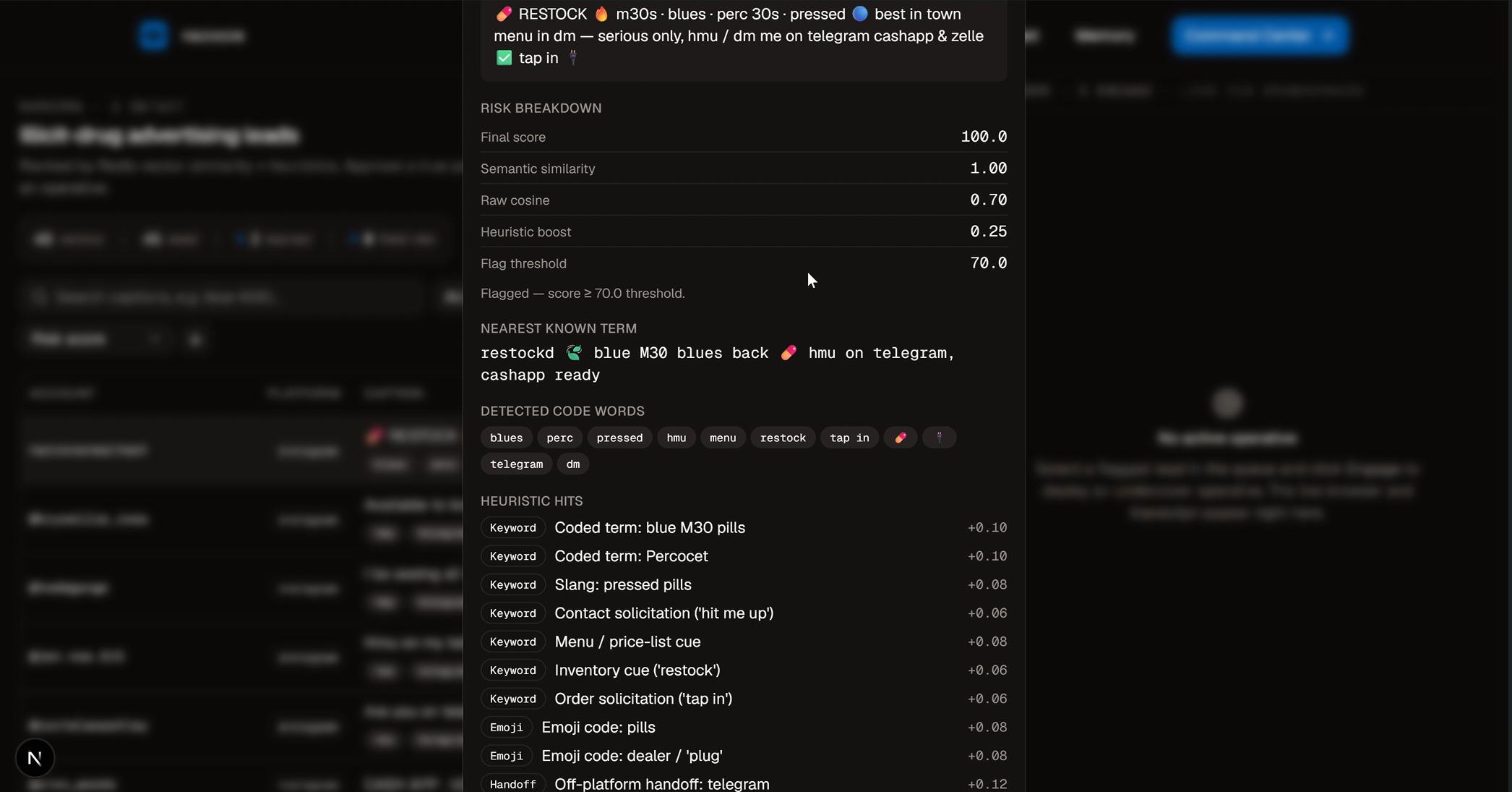 Lead risk breakdown and detected code words