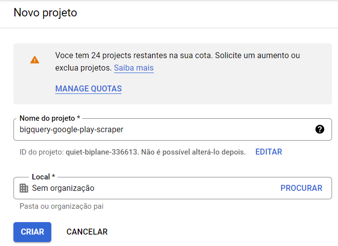 Exemplo de criação de projeto