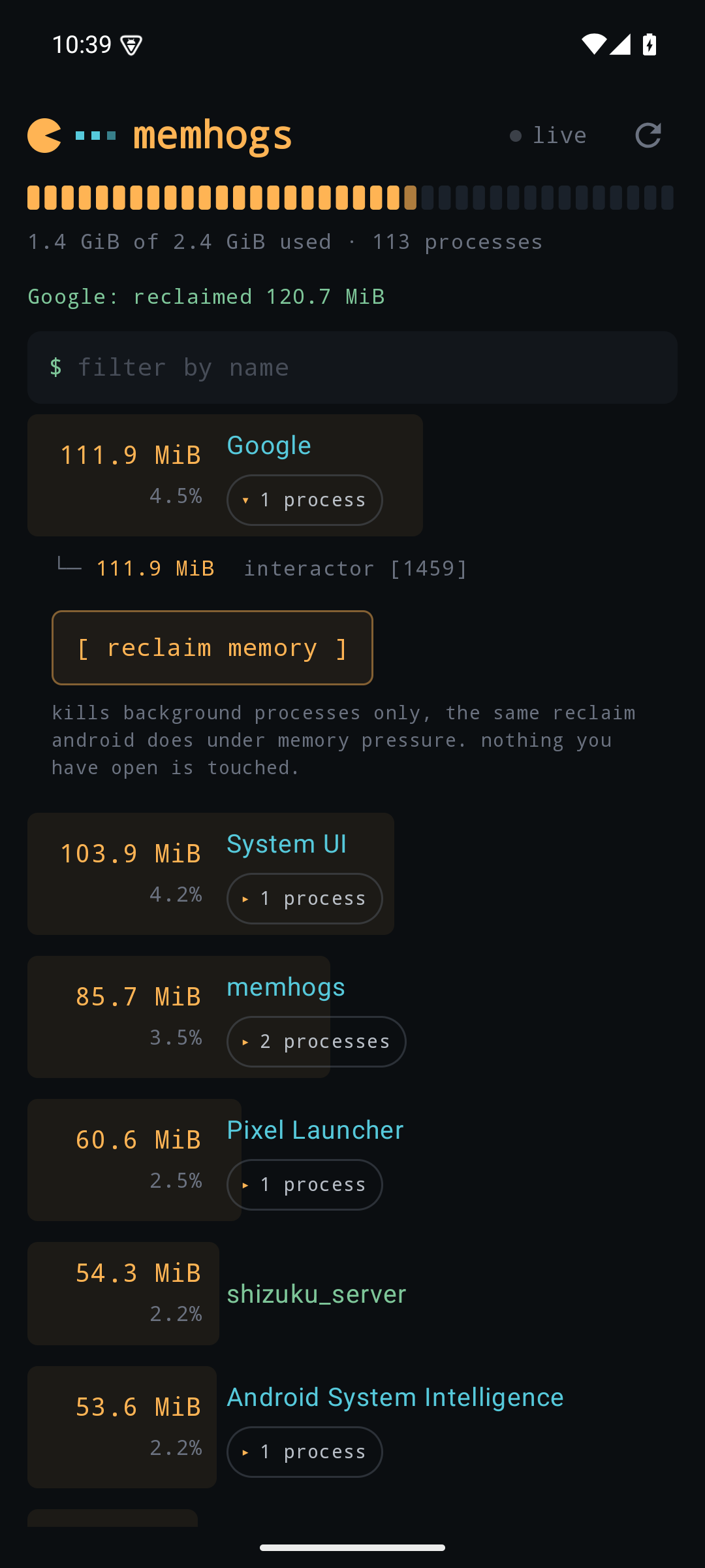 an expanded app after reclaiming 120.7 MiB from Google