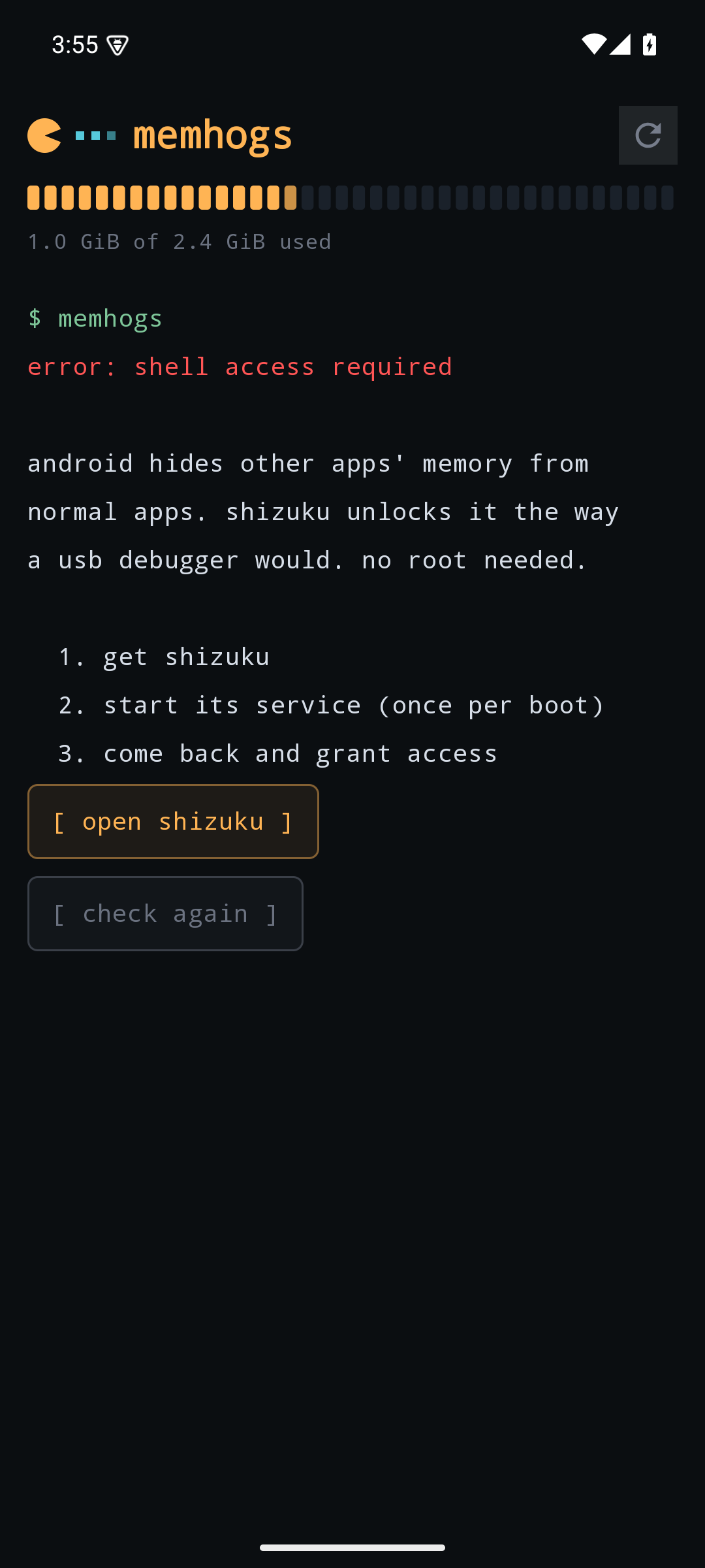 the terminal-style setup screen shown before Shizuku is running