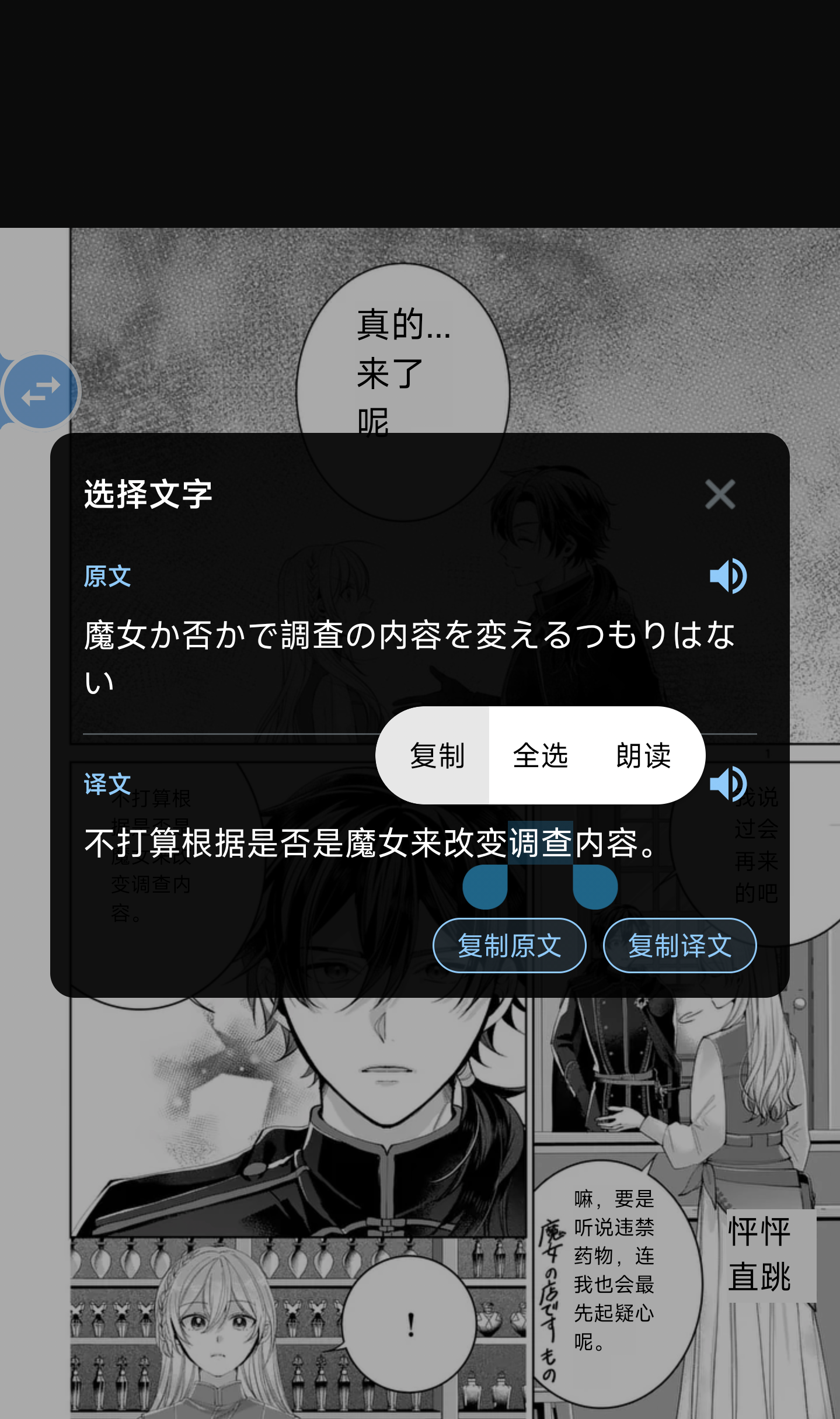 译文块文字选择、复制与朗读面板