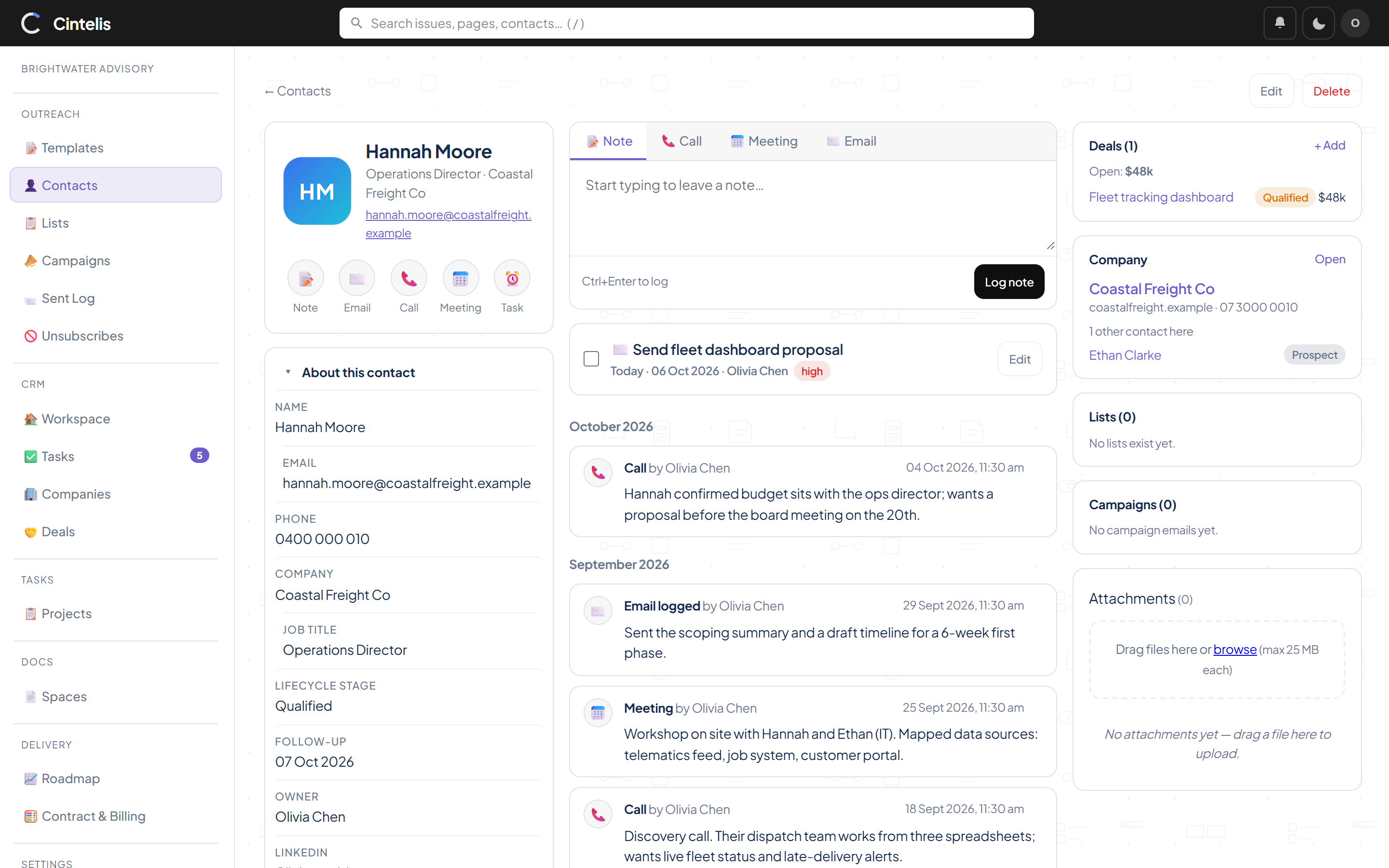 Contact record with timeline