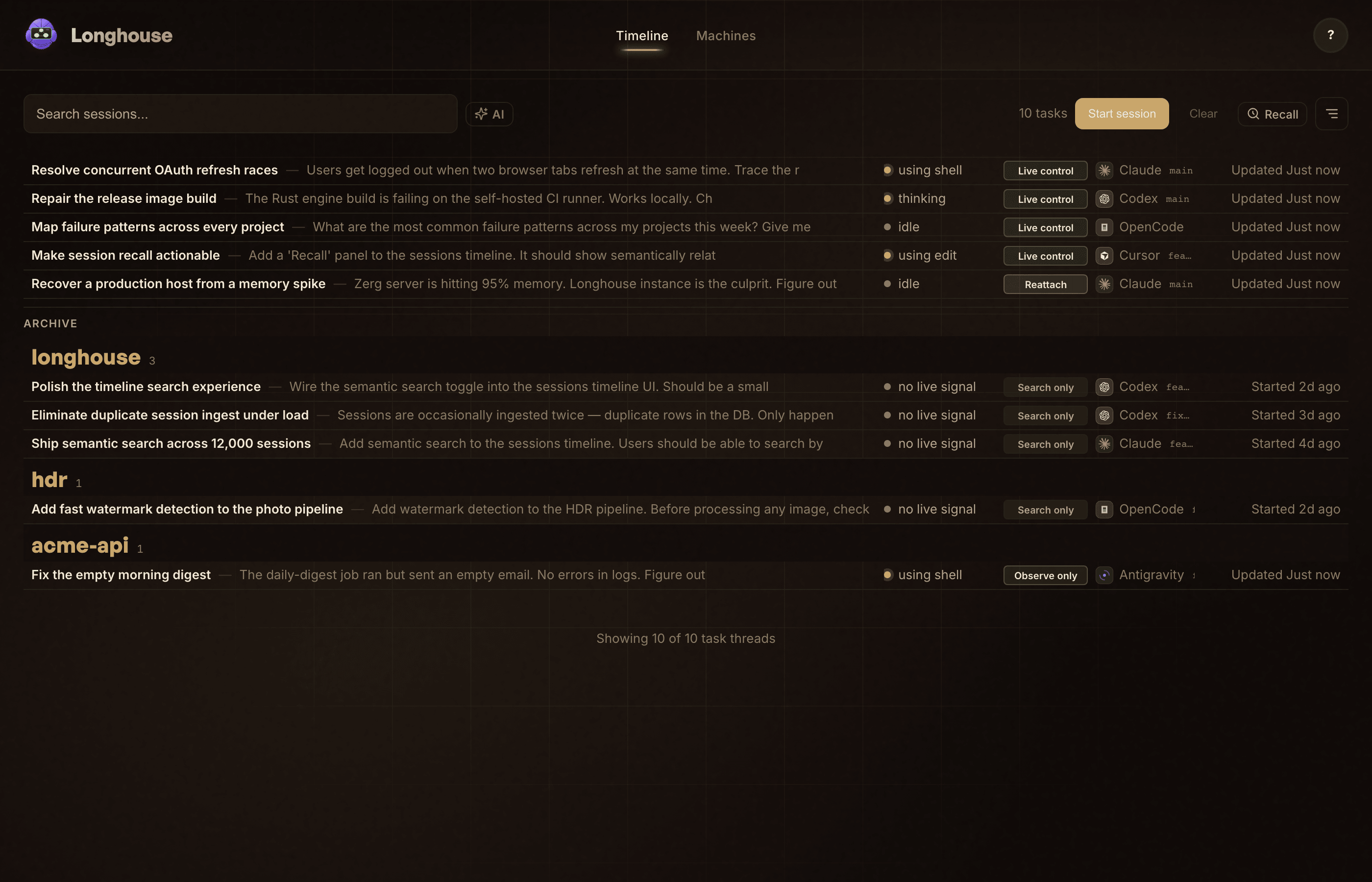 Longhouse timeline — one searchable view of your coding-agent sessions across providers and machines