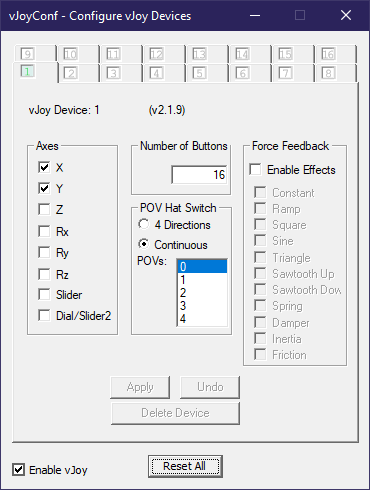 vJoy configuration screen