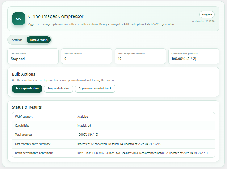 Batch and status screen