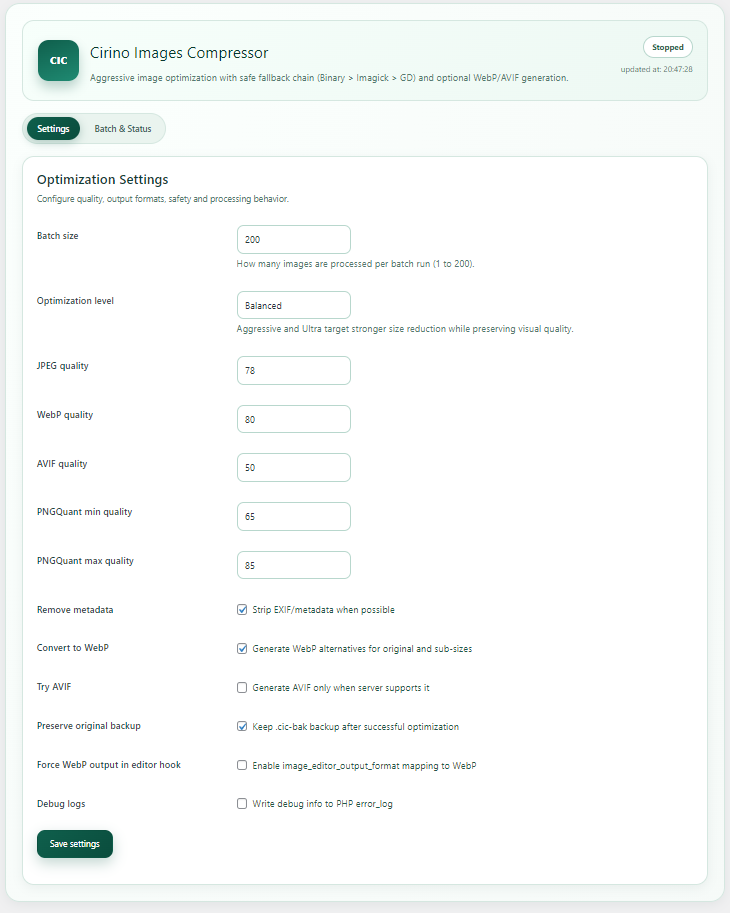 Settings screen