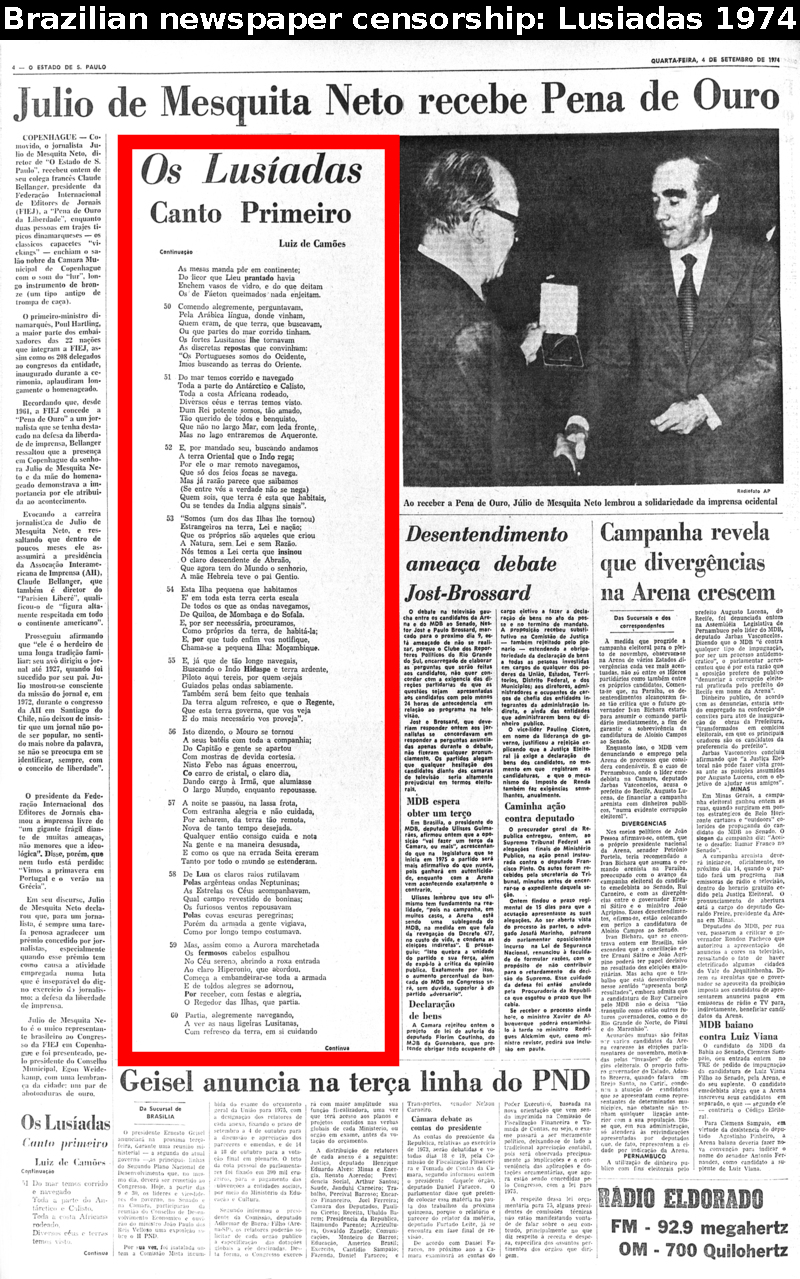 O Estado de Sao Paulo newspaper censorship Lusiadas 1974