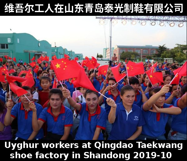 Uyghur workers waving China flag