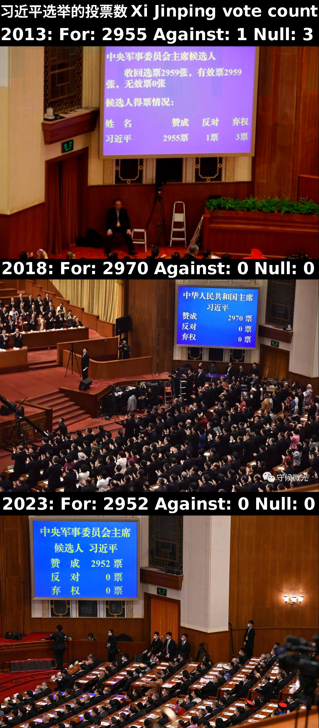 Xi Jinping elected 2970 for 0 against in 2018