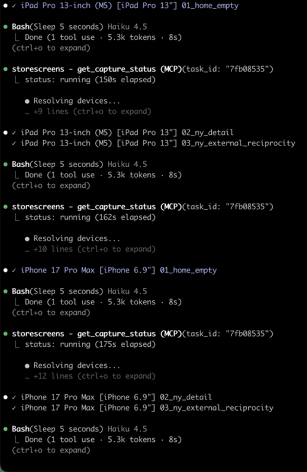Per-screenshot progress streaming inline as each device captures