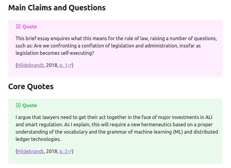 Appearance of the Main Claims and Questions and Core Quotes sections