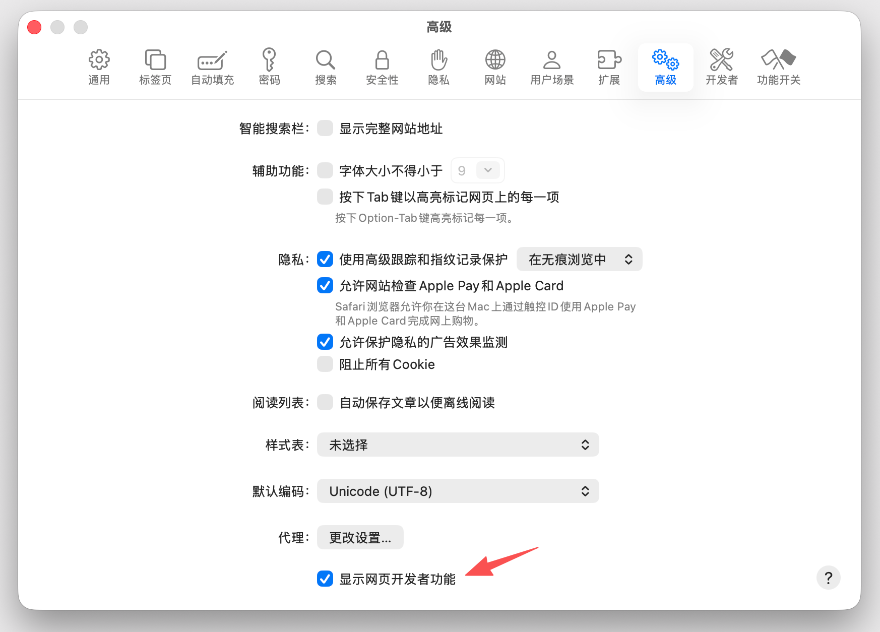 Enable Show features for web developers in Safari Advanced settings