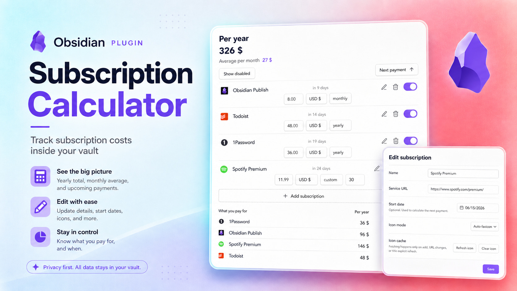 Subscription Calculator for Obsidian