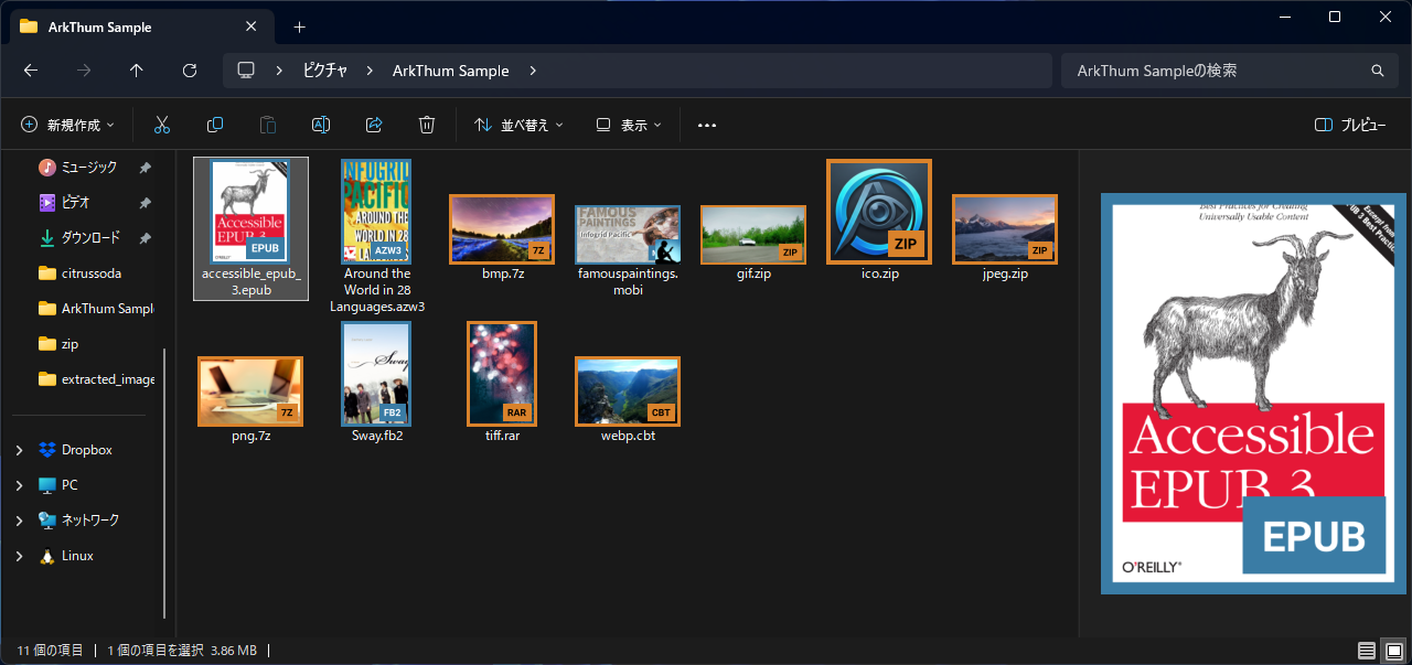 The same Explorer folder with the identification overlay enabled: each archive has a format-coloured border and a corner label such as ZIP, RAR, or EPUB