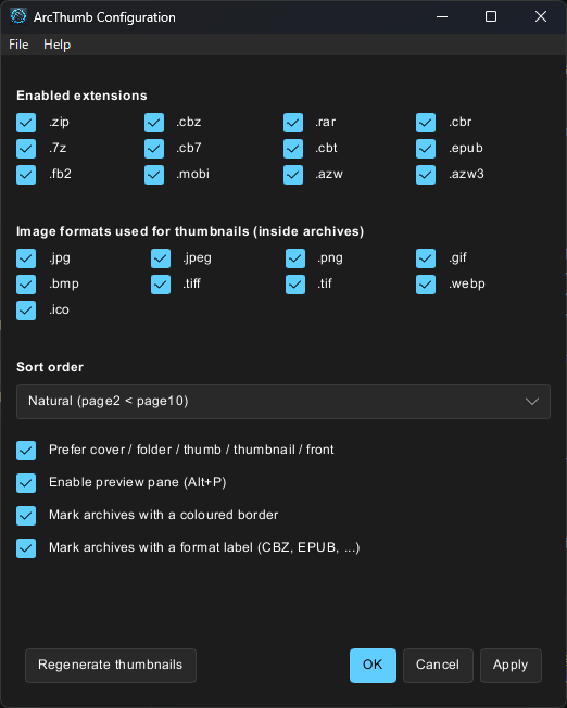 ArcThumb Configuration dialog with extension toggles, sort order, cover preference and the Regenerate thumbnails button