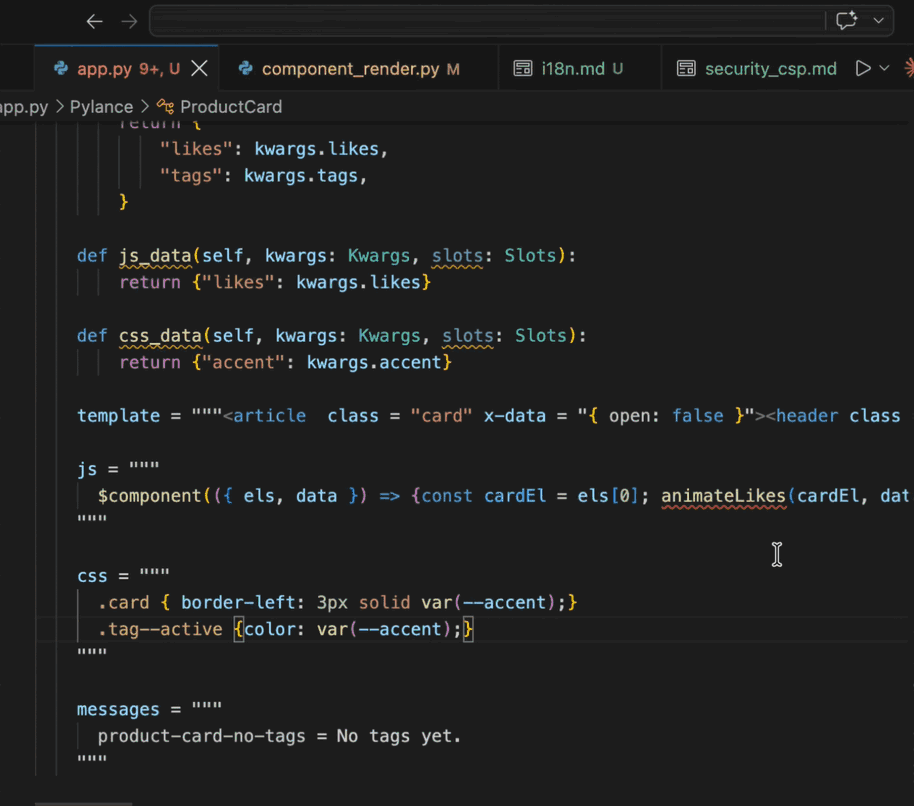 Citry formatting an inline template, JavaScript, and CSS inside a Python component