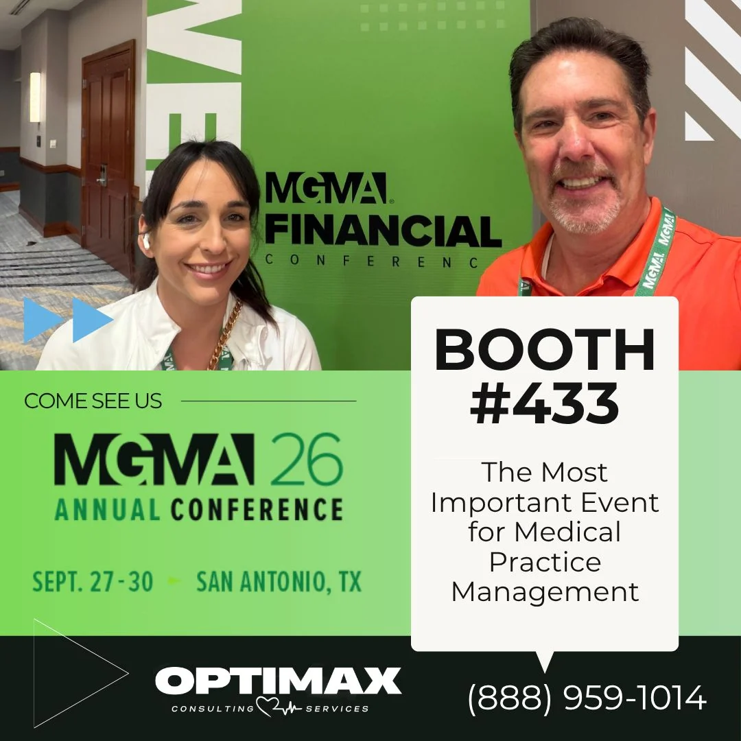 Optimax's MGMA 2026 Annual Conference graphic: September 27–30 in San Antonio, booth 433.