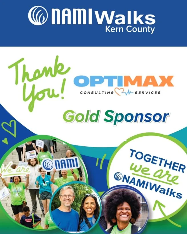 NAMIWalks Kern County graphic thanking Optimax Consulting Services as a Gold Sponsor.