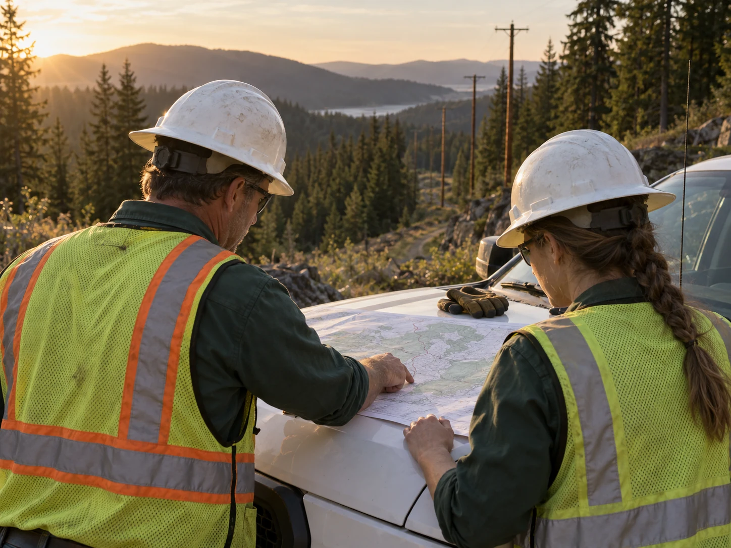 Illustrative field-planning scene: two utility vegetation professionals reviewing a site map