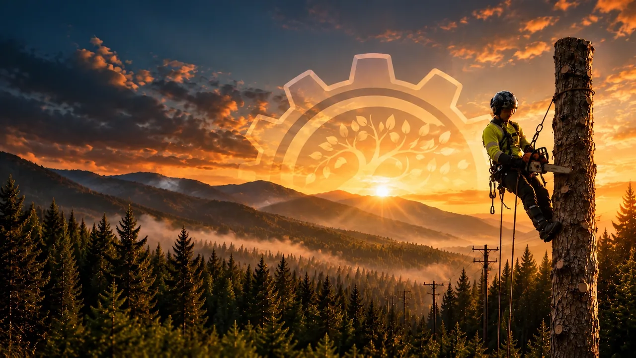 Arborist climbing a tree above a forested utility corridor at sunset