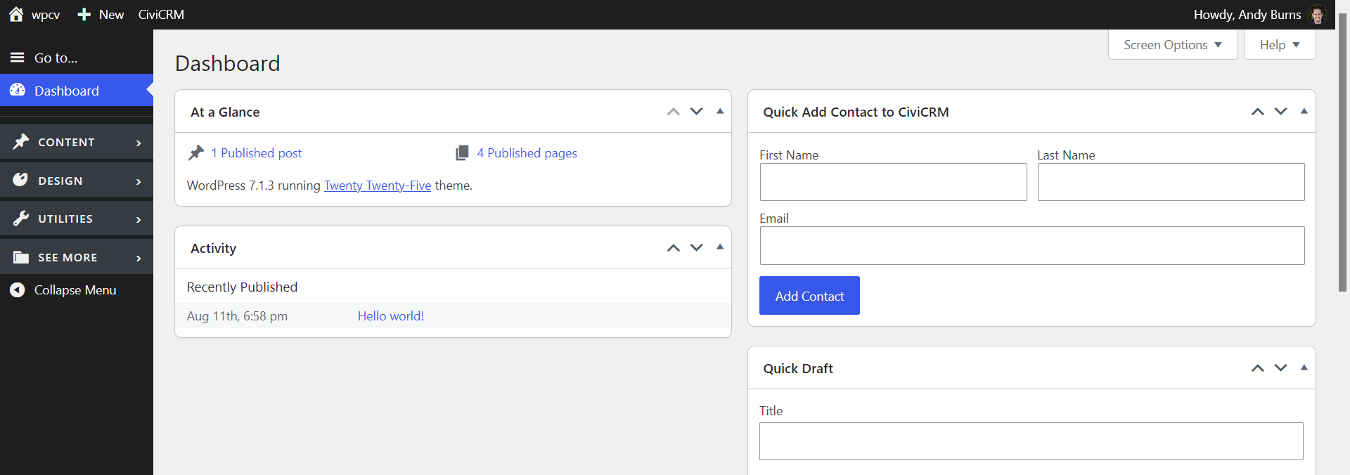 WordPress admin sidebar with collapsible sections