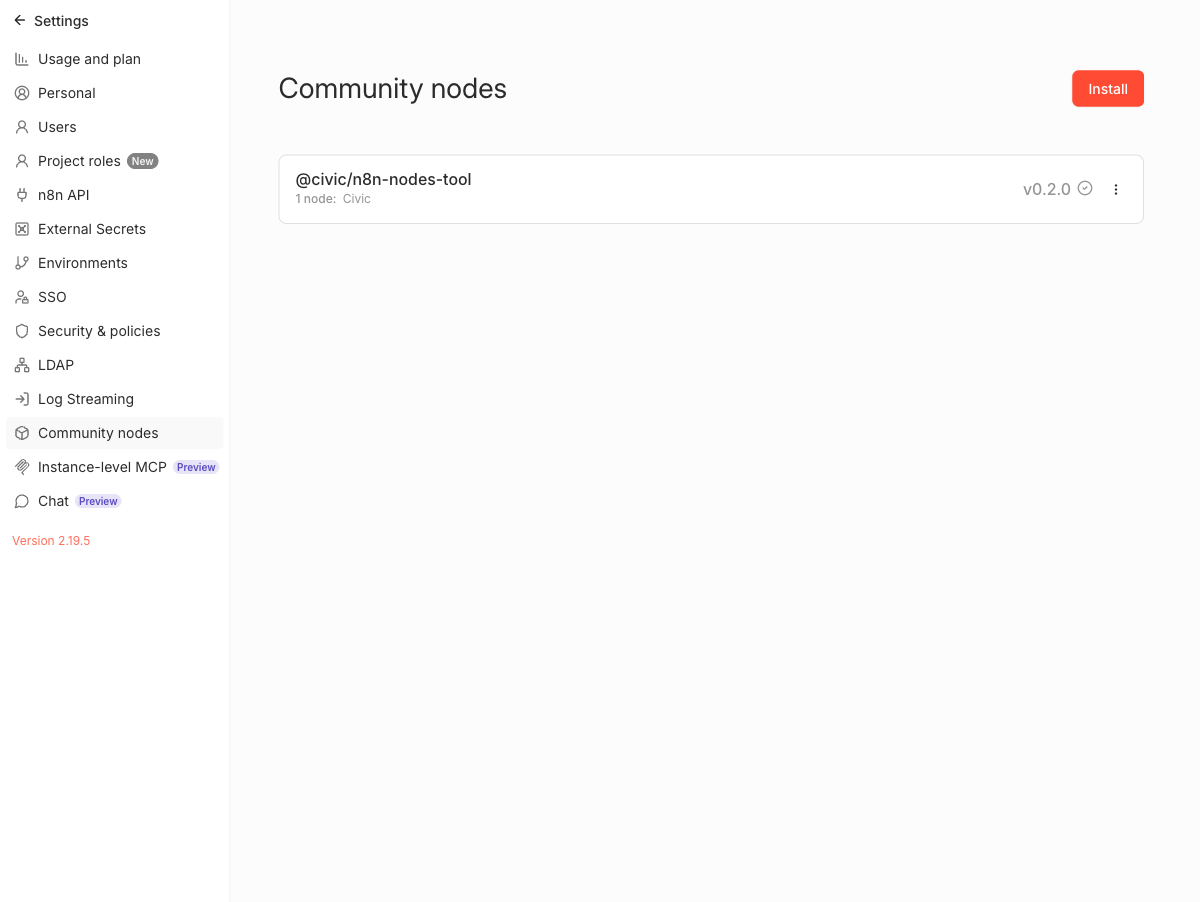 Installed package showing v0.2.0 with one Civic node