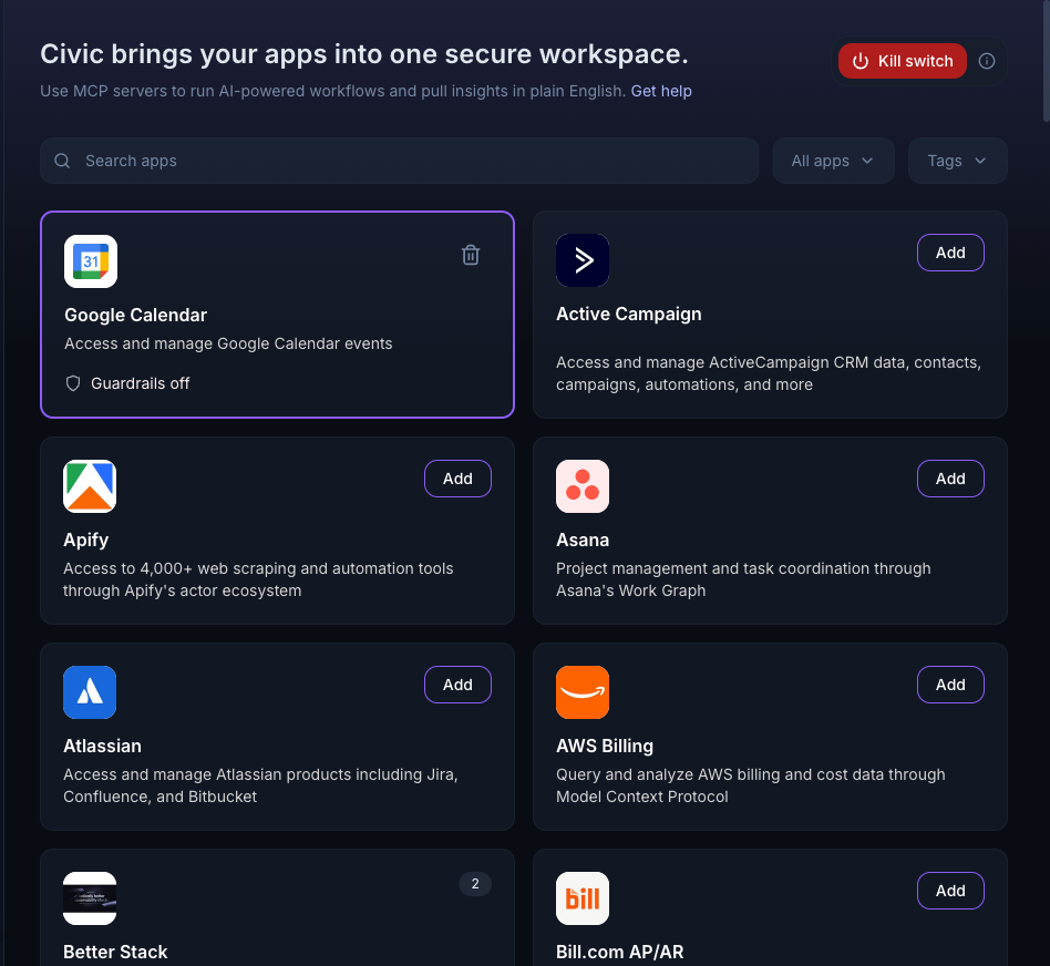 Civic Applications view with Google Calendar already added