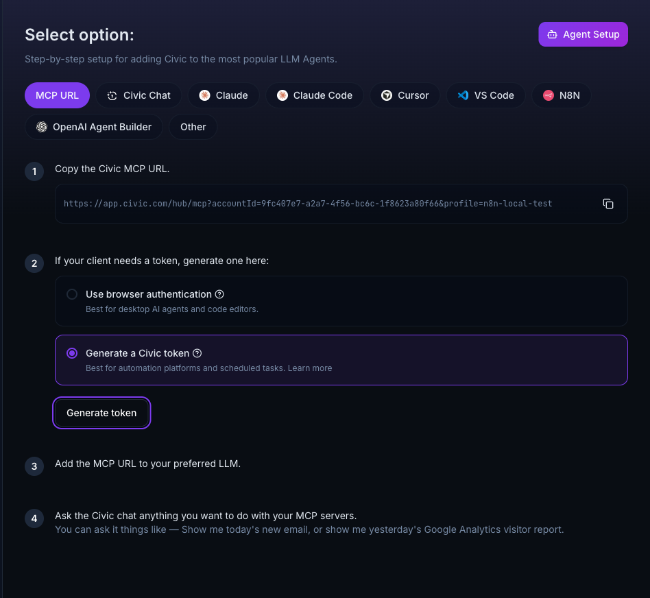 Civic Install page with "Generate a Civic token" selected