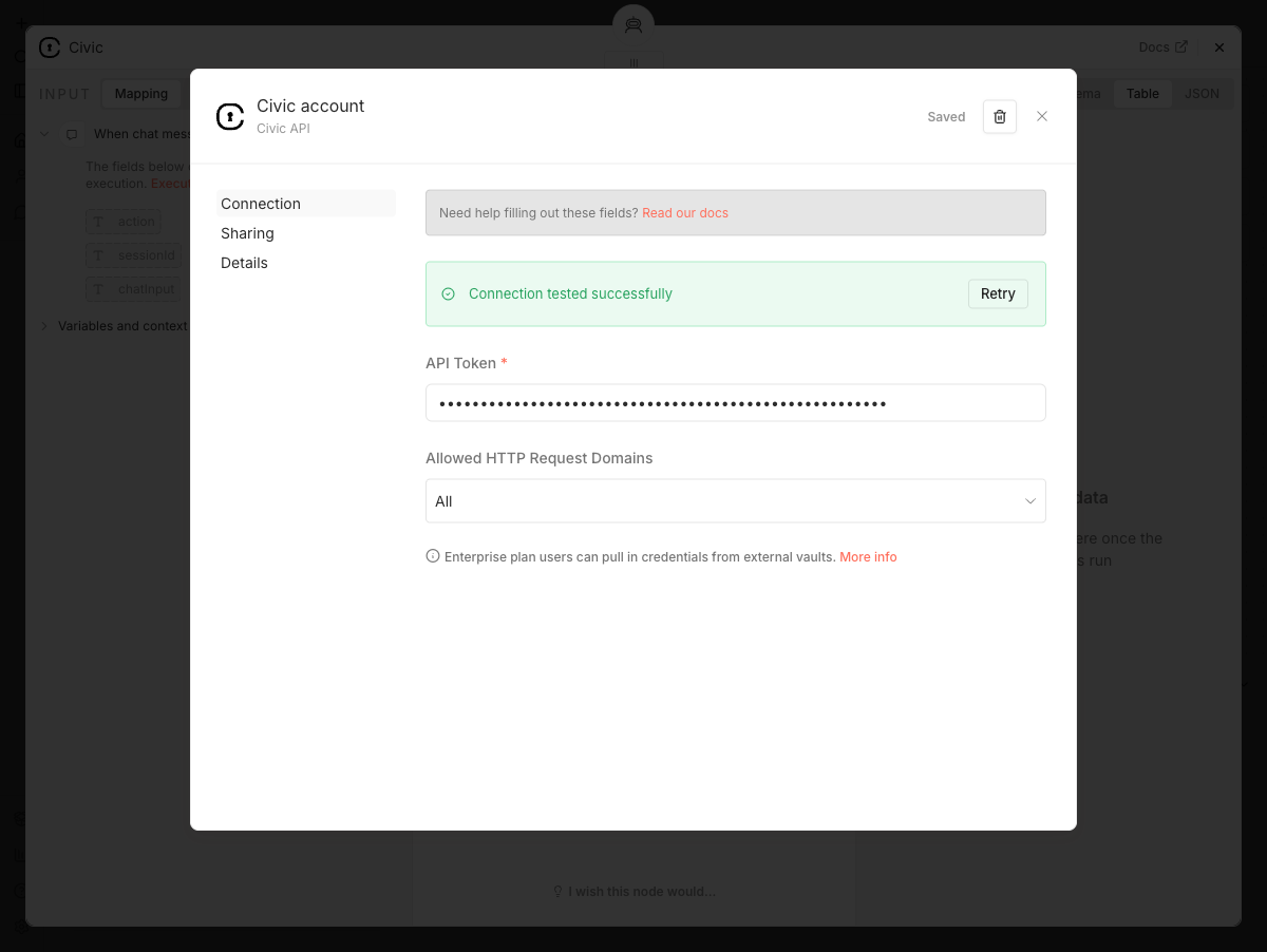 Credential dialog showing successful connection test