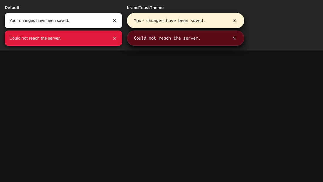 Default and themed Toast examples in dark mode