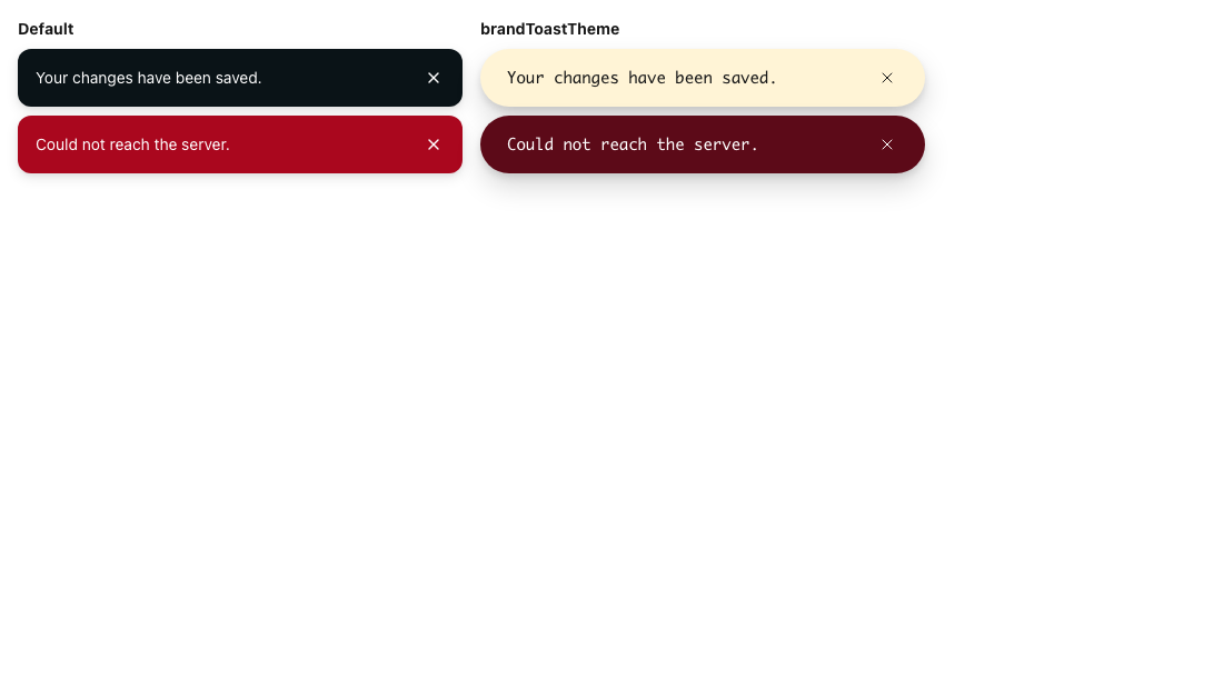 Default and themed Toast examples in light mode